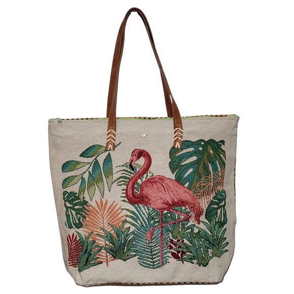 Cappelli Straworld Handbags - Cappelli Flamingo Tapestry/Straw Tote Shoulder Bag ZipClosure Vacay Beach Resort